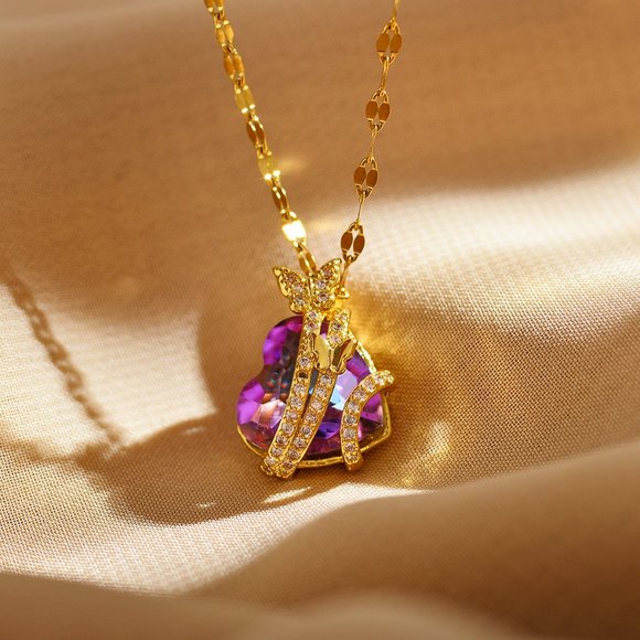 3/$35 18K Gold Plated Pendant Necklace Heart Butterfly Purple Cubic Zirconia - Picture 1 of 6